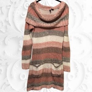 Striped Pink White Grey Cowl-Neck Off-Shoulder Sweater Dress/Tunic Size XL